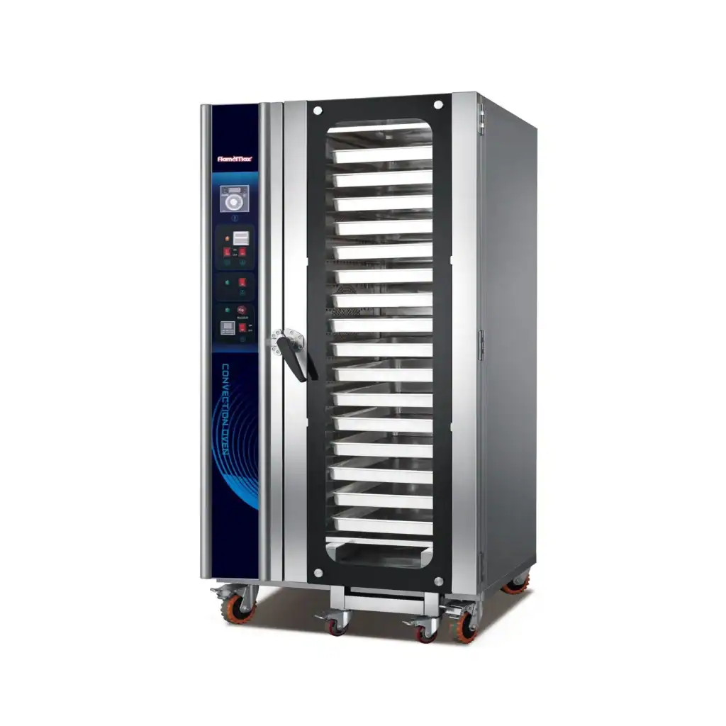 16-Tray Roll-In Convection Oven HEA-16 with standard baking trolley for industrial bakeries and large-scale food production