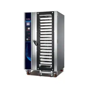 16-Tray Roll-In Convection Oven HEA-16 with standard baking trolley for industrial bakeries and large-scale food production