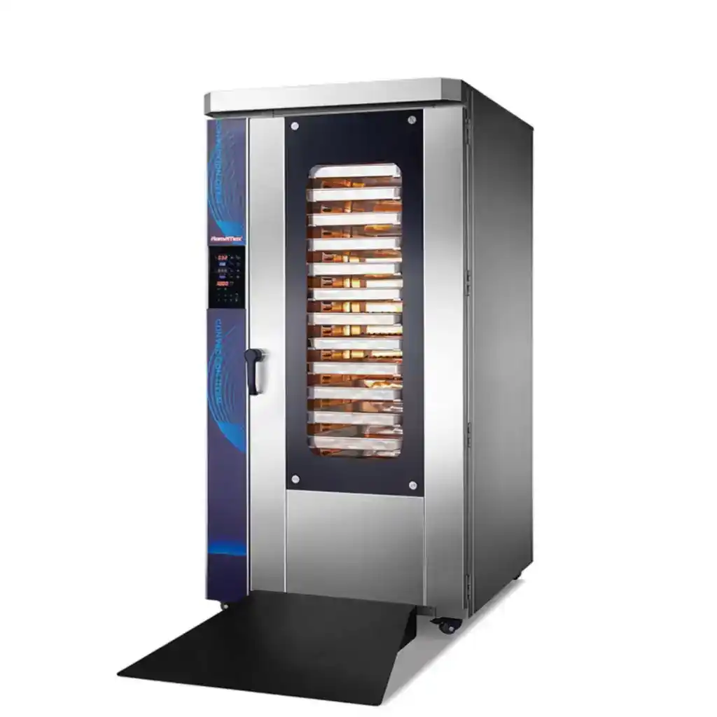 16-Tray Rotary Convection Oven HEA-16R with rotating rack and baking tray trolley for industrial bakery production