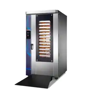 16-Tray Rotary Convection Oven HEA-16R with rotating roll-in trolley and digital control panel for industrial bakeries