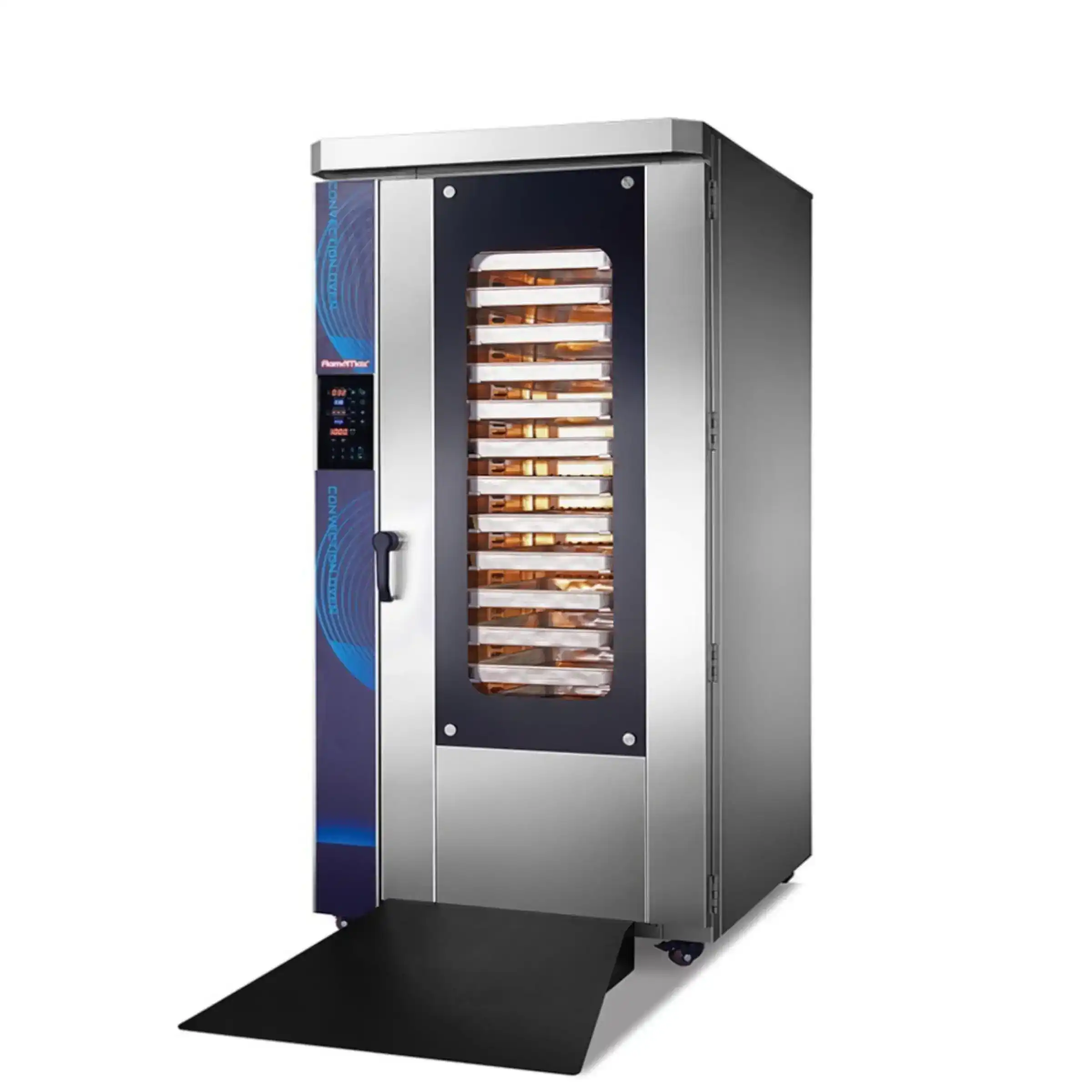 GLEAN 16-tray rotary convection oven with digital controls and a rotating trolley