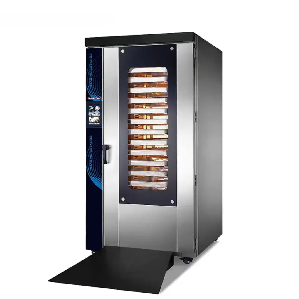 16-Tray Touchscreen Rotary Convection Oven HEA-16RT with rotating roll-in trolley and 99-program touchscreen control