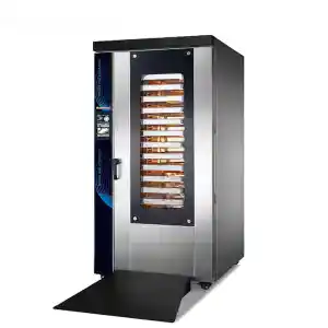 16-Tray Touchscreen Rotary Convection Oven HEA-16RT with rotating roll-in trolley and 99-program touchscreen control