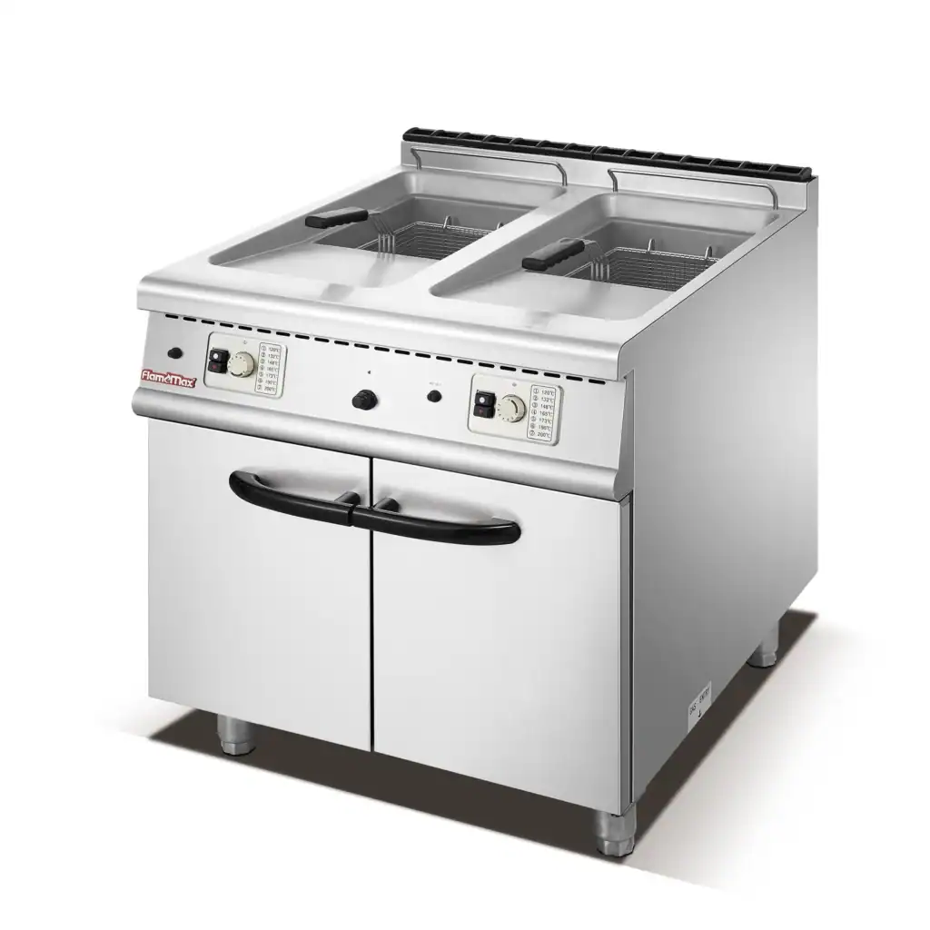 Commercial twin-tank fryer with two baskets on a cabinet base