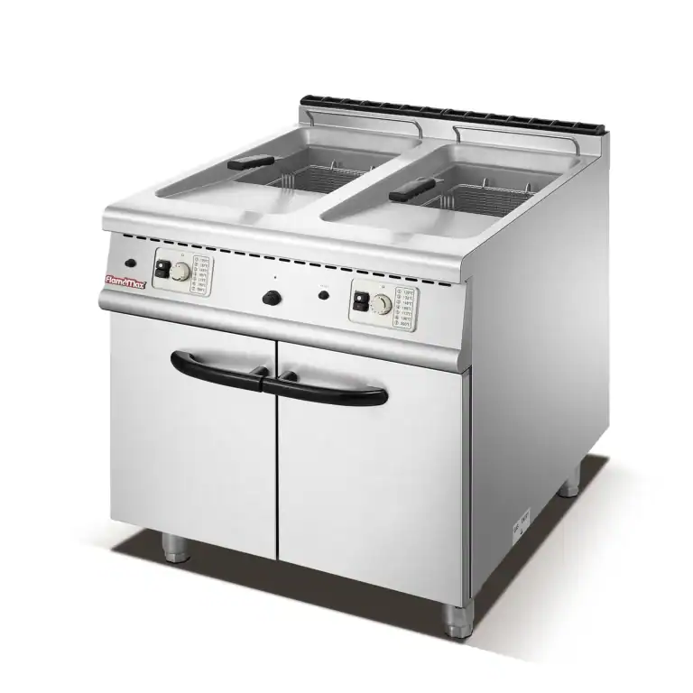 Commercial twin-tank fryer with two baskets on a cabinet base