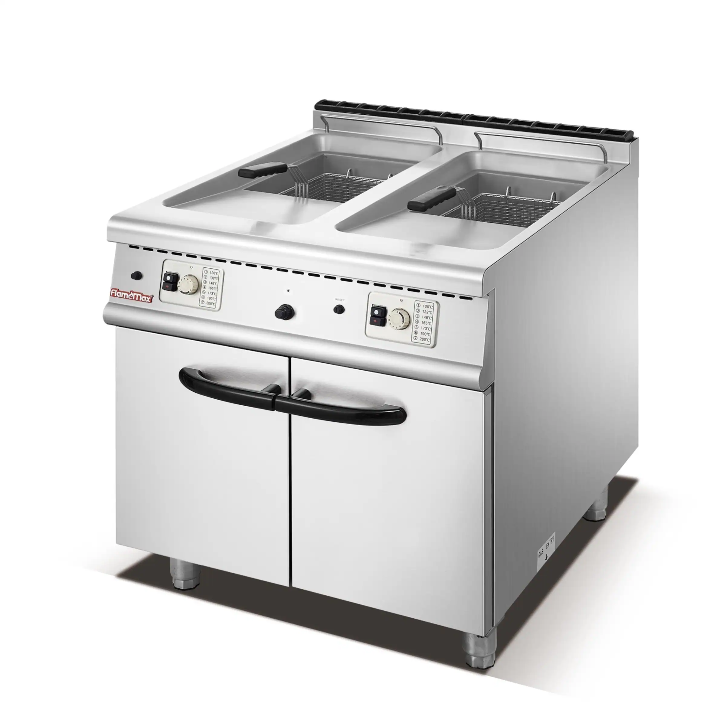 Commercial twin-tank fryer with two baskets on a cabinet base