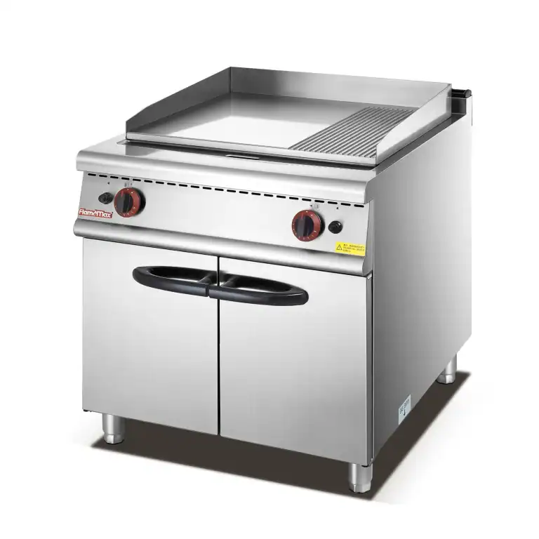 Commercial lava rock charbroiler with cast iron grate on a cabinet base