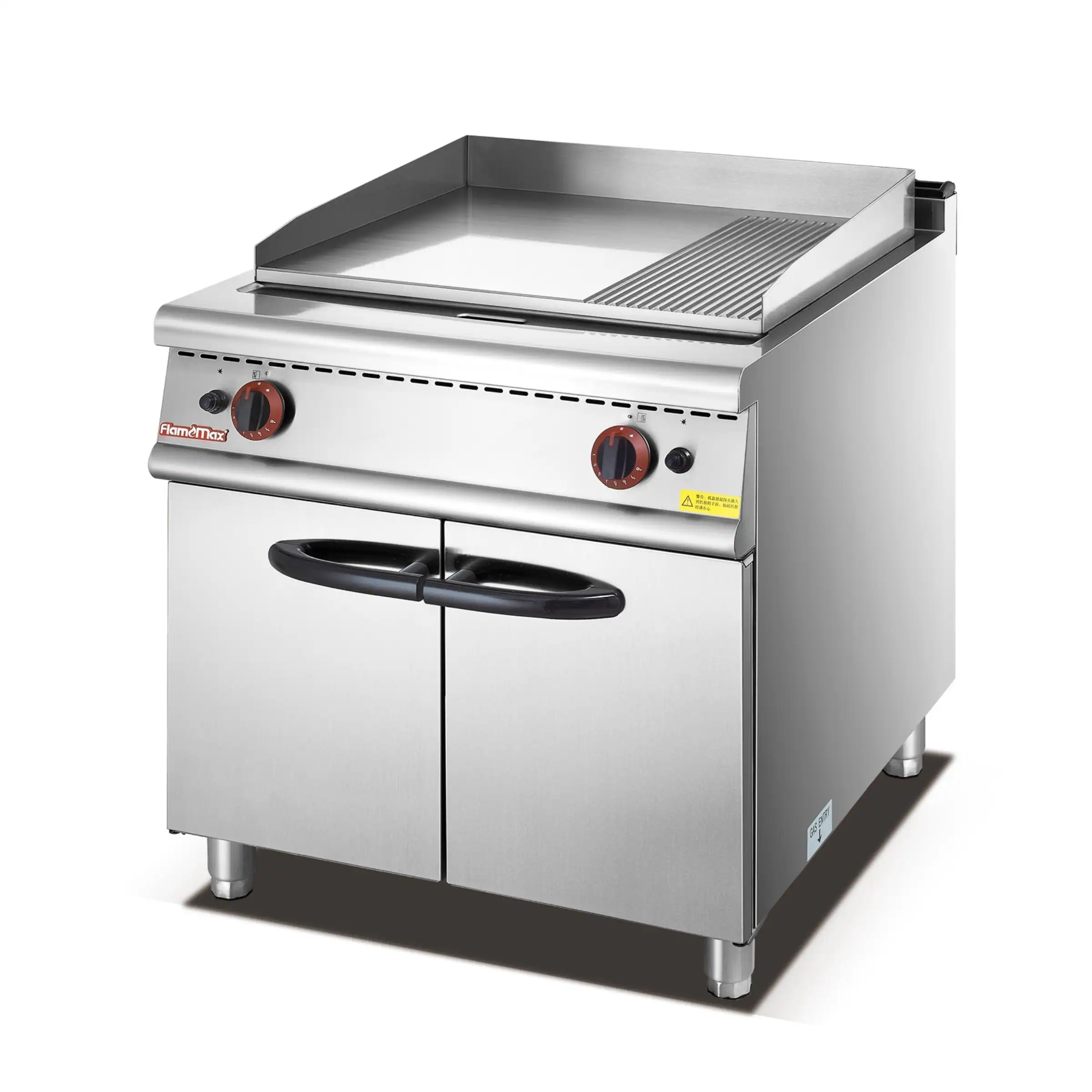 Commercial lava rock charbroiler with cast iron grate on a cabinet base