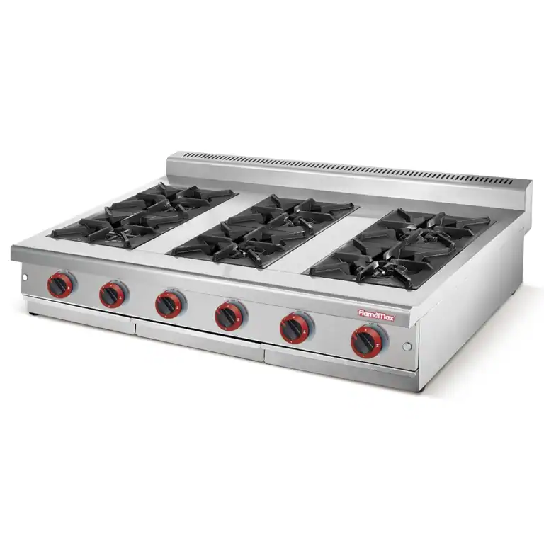 Commercial countertop gas range with multiple open burners, from GLEAN