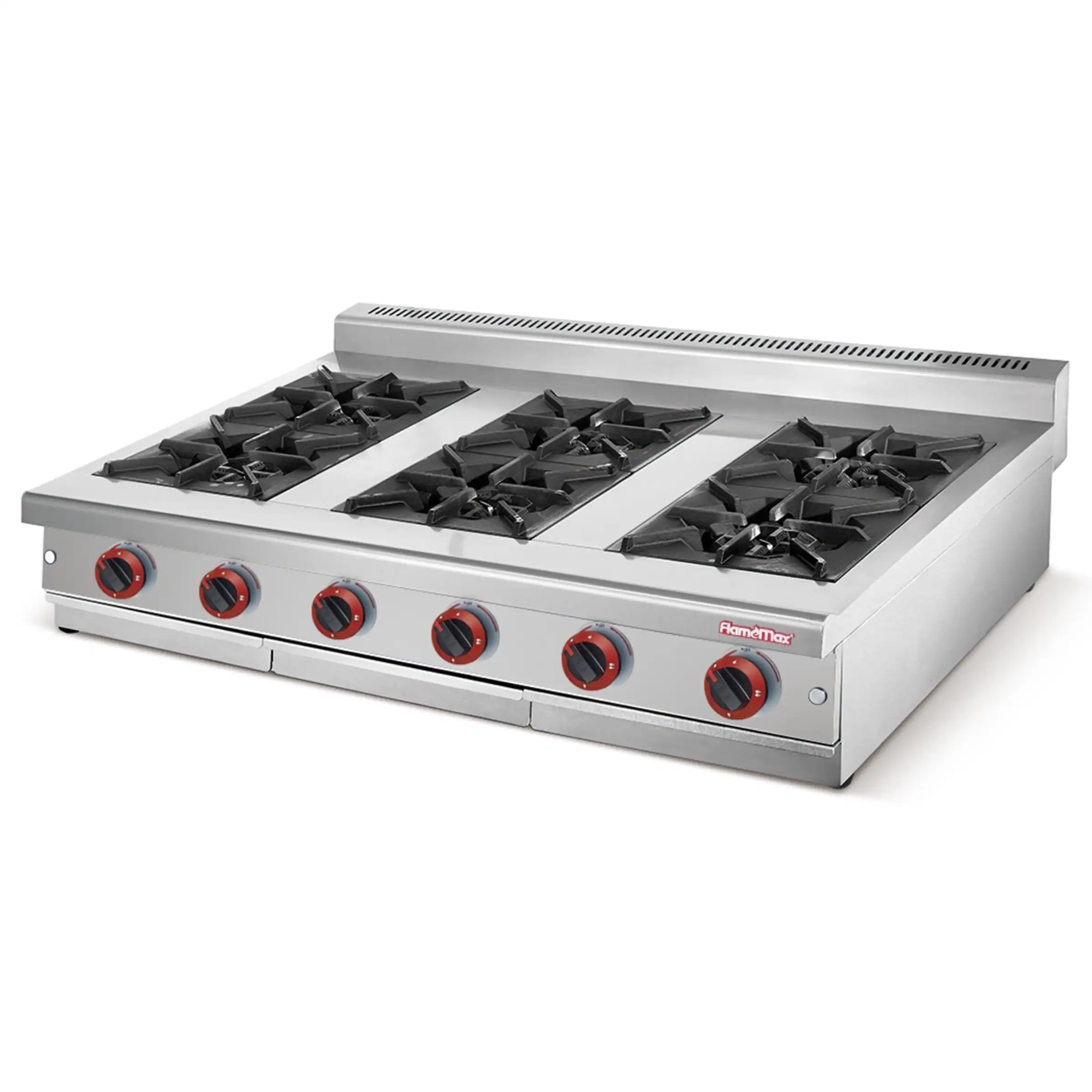 Commercial countertop gas range with multiple open burners, from GLEAN