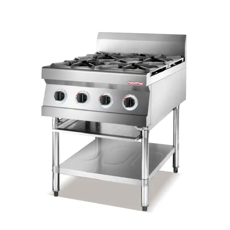 Commercial gas range with open burners and under shelf, multiple burner sizes, from GLEAN