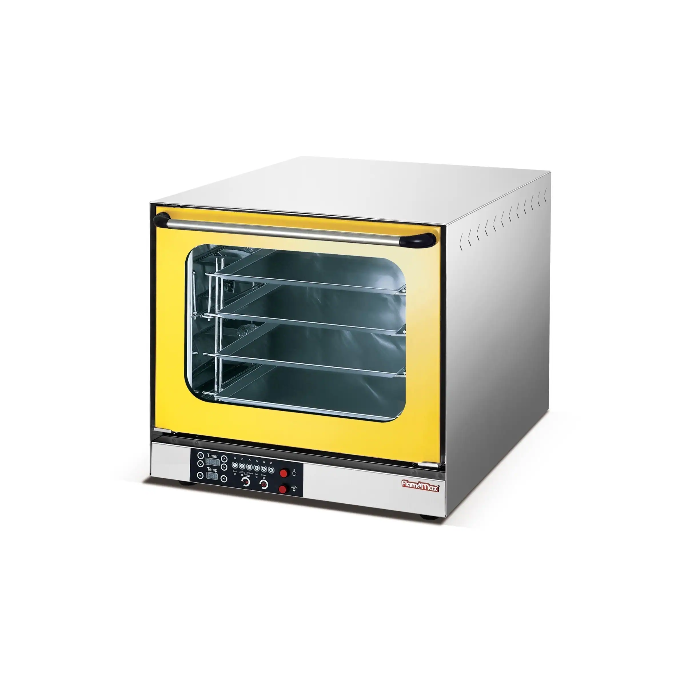 Compact 4-tray countertop convection oven in yellow finish, GLEAN HEO-6D-Y with programmable digital control panel and rear-mounted fan