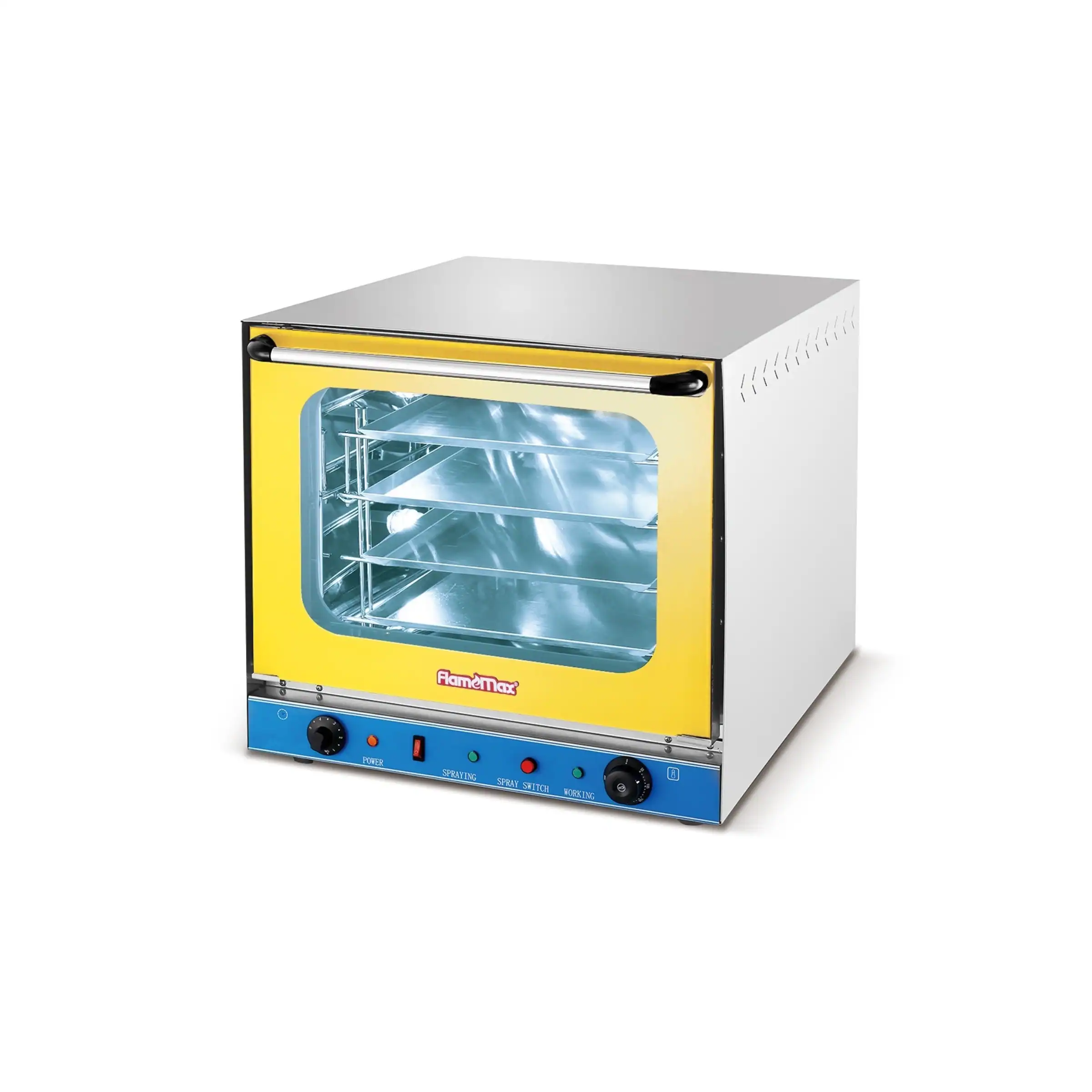 Compact 4-tray countertop convection oven in yellow finish, GLEAN HEO-6M-Y with manual control panel and rear-mounted fan