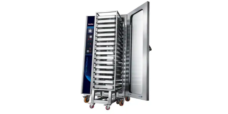 Standard roll-in baking trolley for GLEAN 16-tray convection oven, loaded with sixteen 400 × 600 mm trays