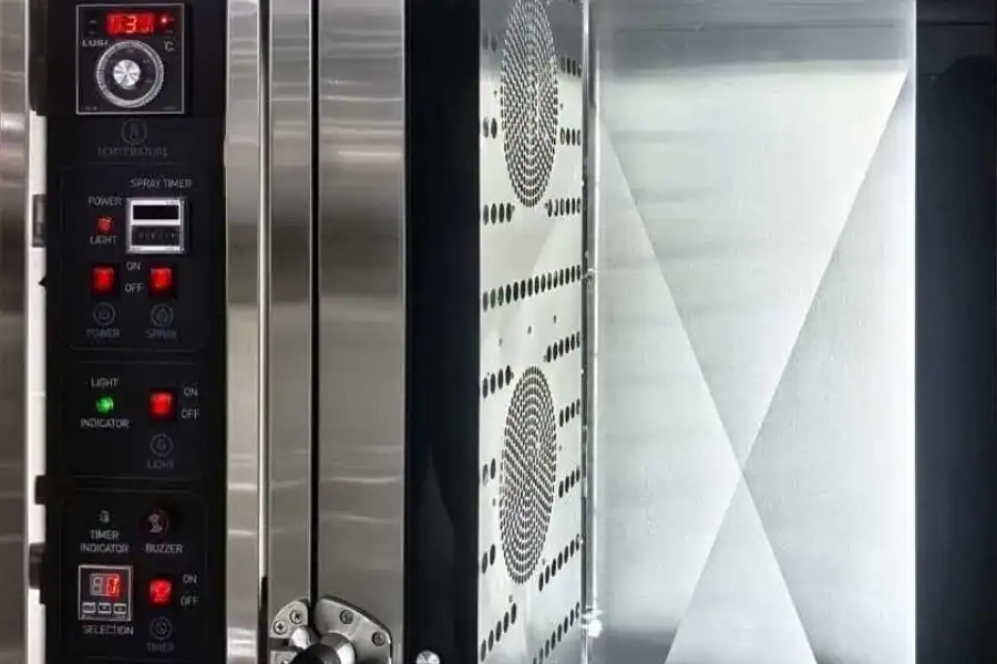 Manual control panel of GLEAN commercial convection oven with temperature dial, timer, buzzer, and stage indicator lights