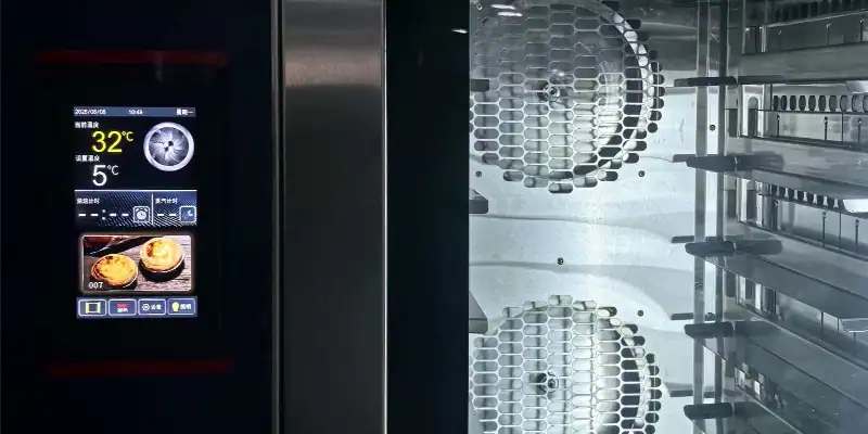 Touchscreen control panel of GLEAN commercial convection oven displaying real-time temperature, set temperature, and recipe preview