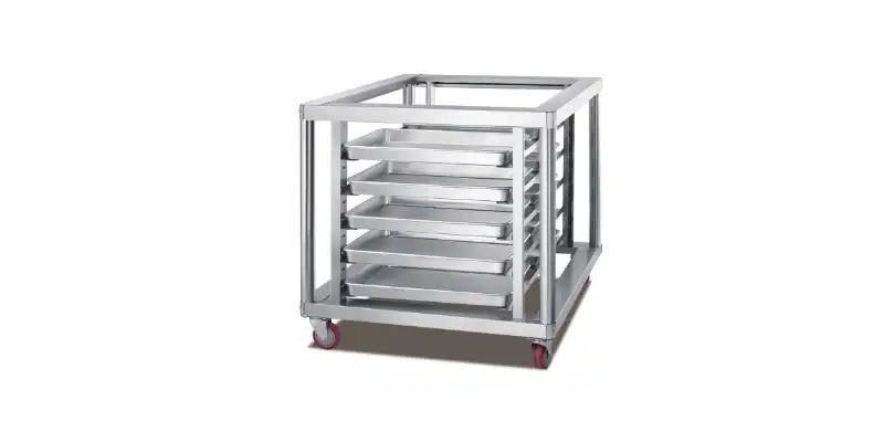 Optional stainless-steel stand for GLEAN 5-tray commercial convection oven, with tray storage and lockable castors