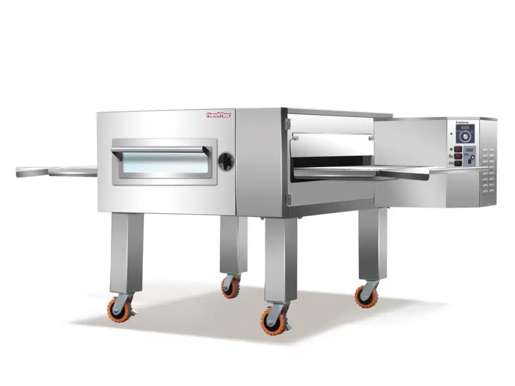 Conveyor pizza oven full unit with front viewing window and leg stand on casters