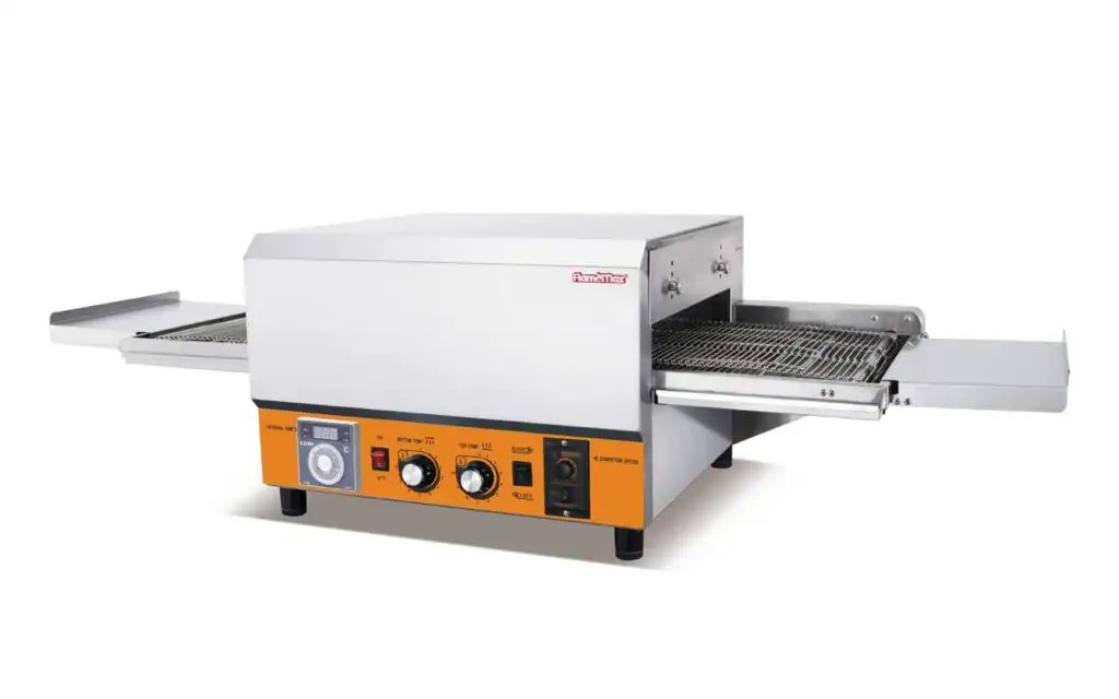 HEP and HGP Series direct-heat conveyor pizza oven with stainless steel mesh belt and mechanical control panel