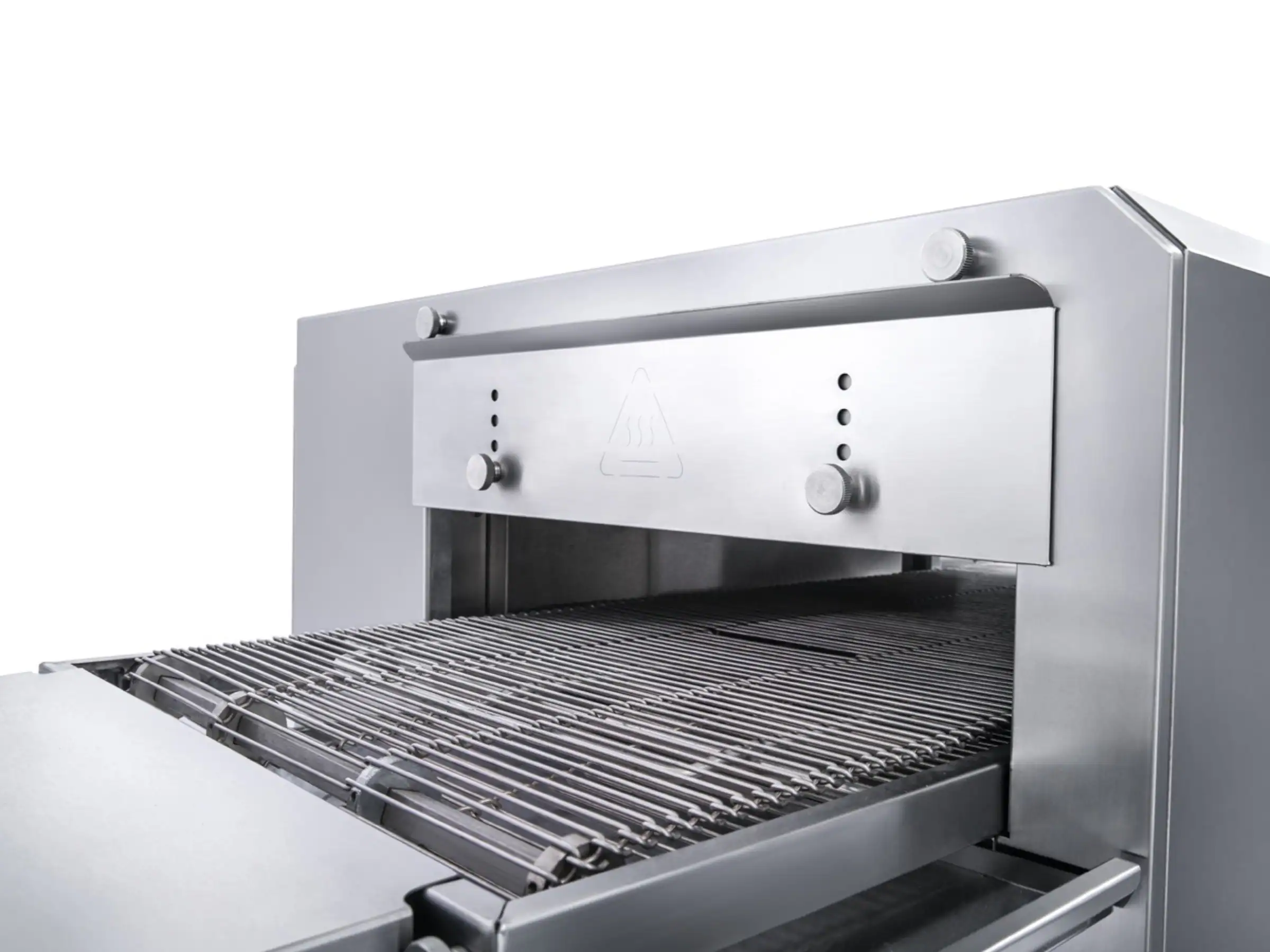 Stainless steel mesh conveyor belt and landing shelf on HPW Series impingement conveyor pizza oven