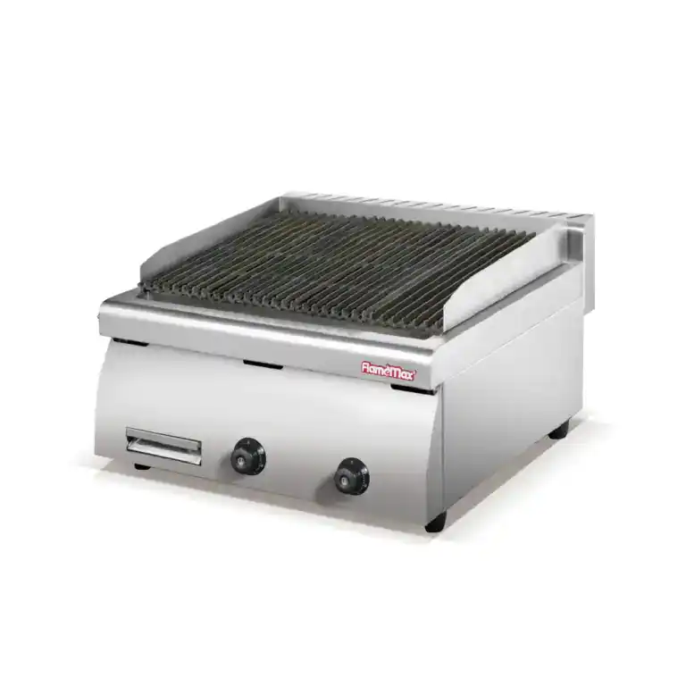 Countertop commercial lava rock charbroiler with cast iron grate, gas or electric, from GLEAN