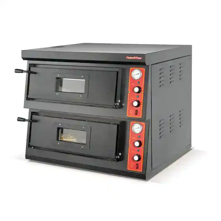 Double deck pizza oven with black powder-coated steel body, two independent chambers