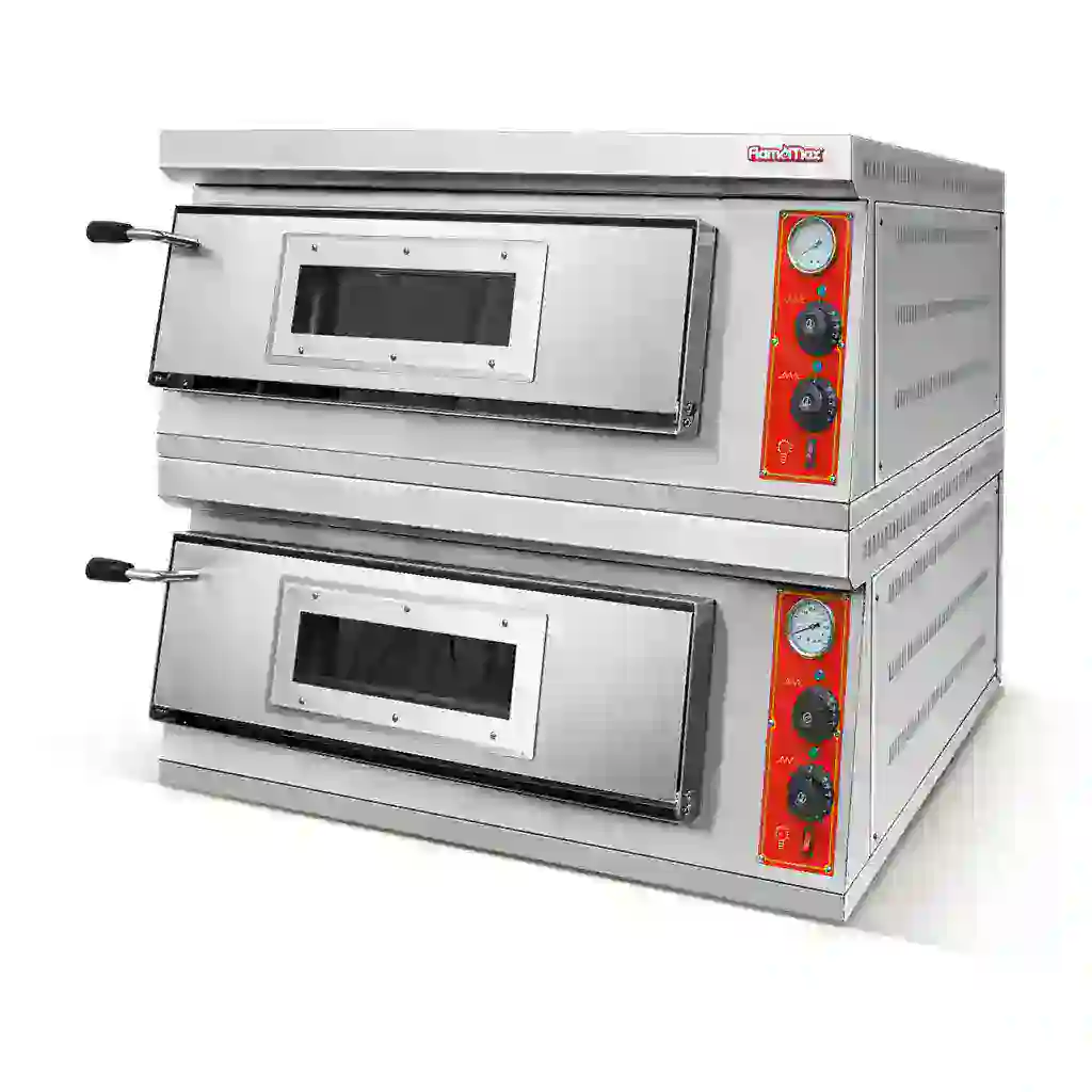 Double deck pizza oven with stainless steel body, two independent chambers