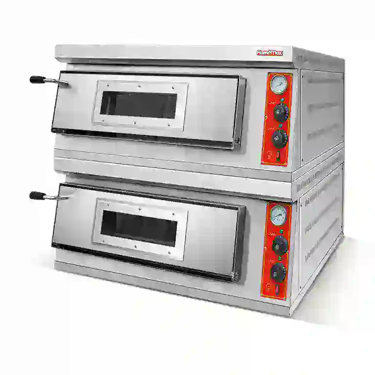 Double deck pizza oven with stainless steel body, two independent chambers