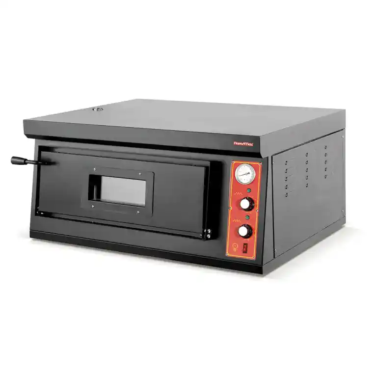 Single deck pizza oven with black powder-coated steel body and stone deck