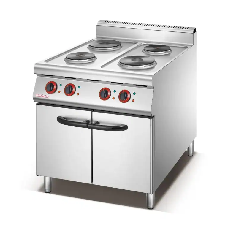 Commercial electric range with four round hot plates on a cabinet base
