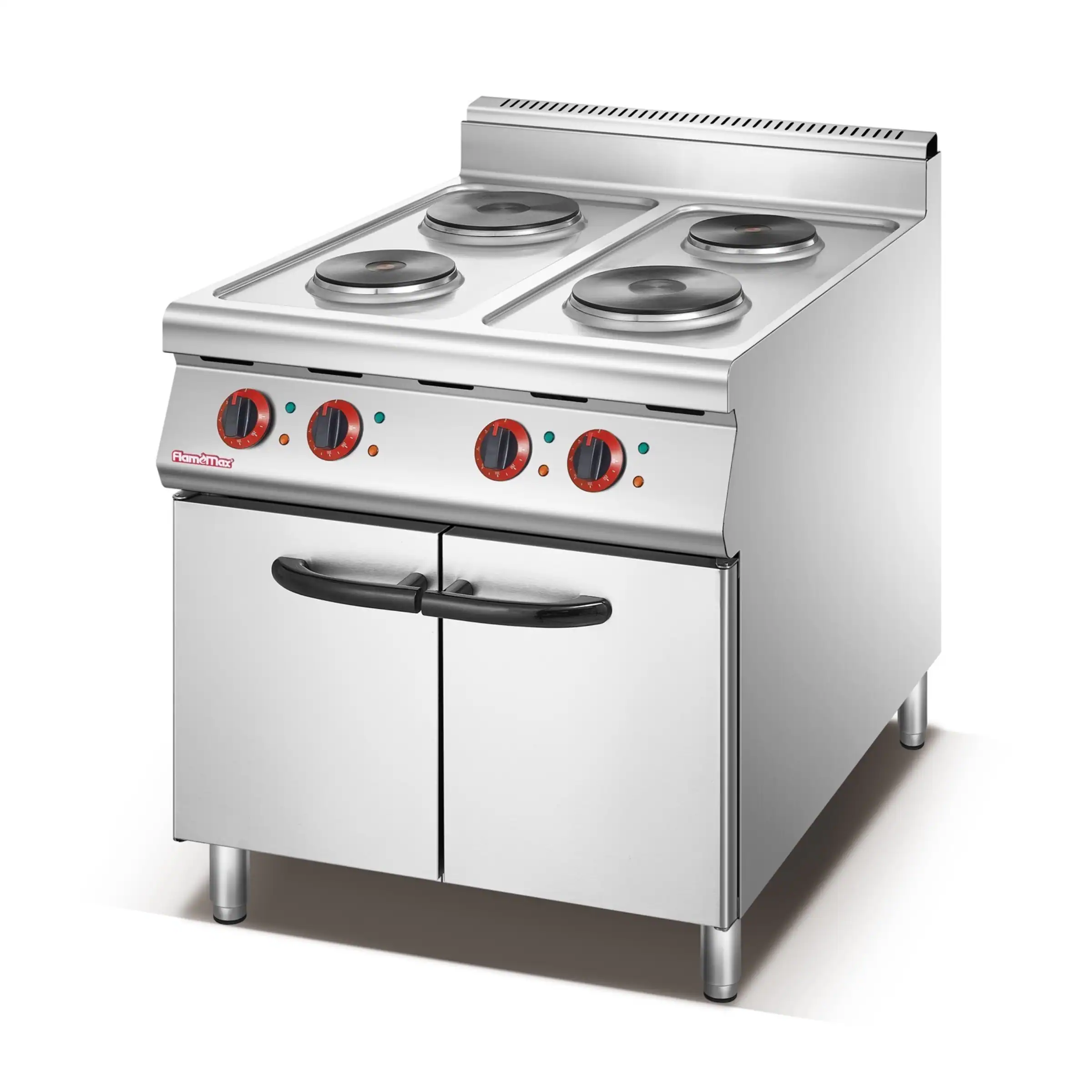 Commercial electric range with four round hot plates on a cabinet base