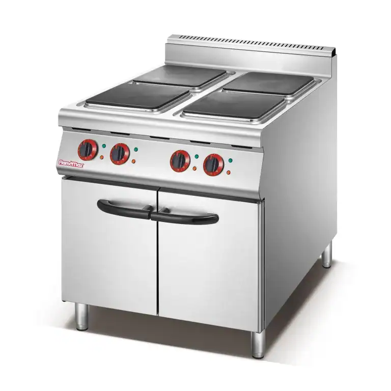 Commercial electric range with four square hot plates on a cabinet base