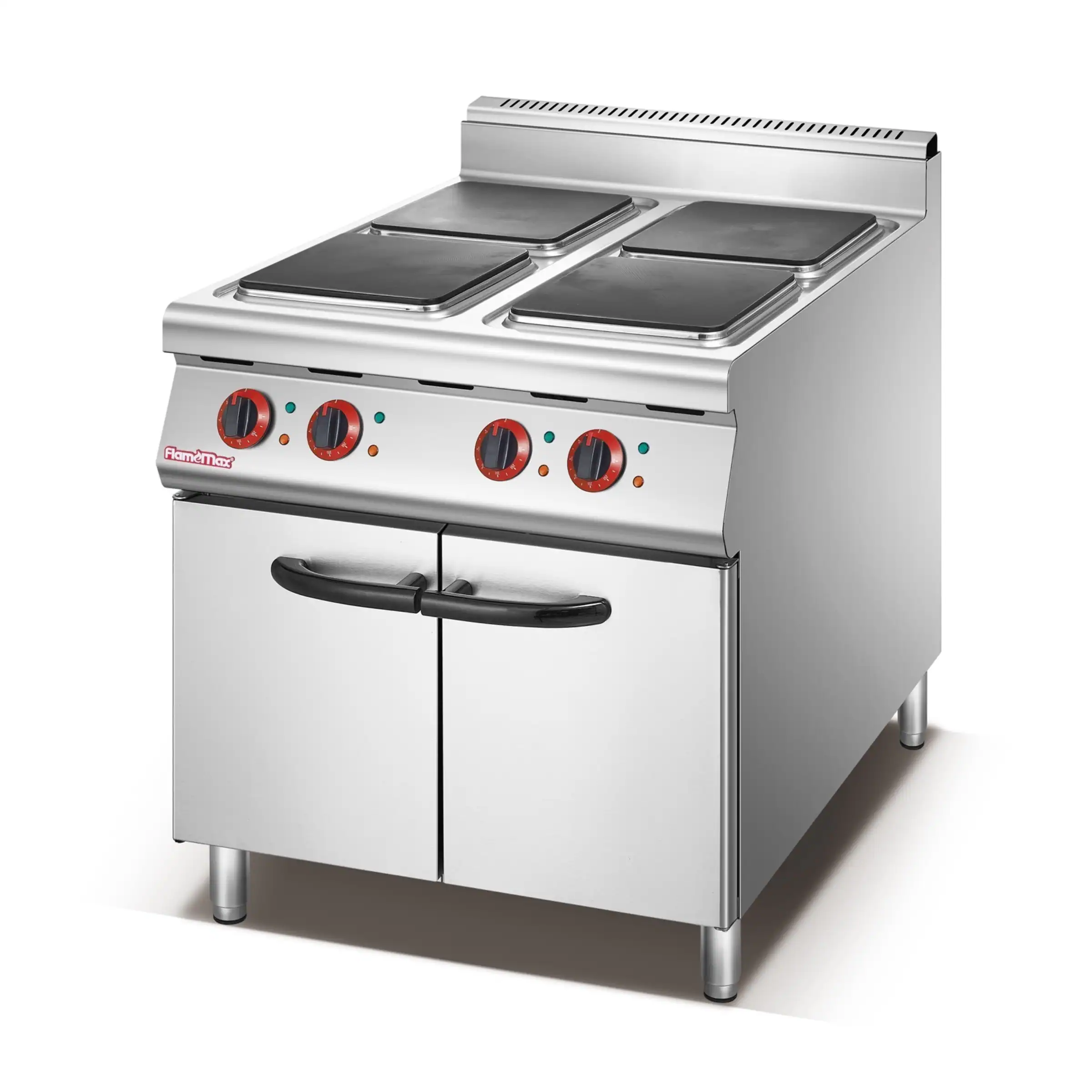 Commercial electric range with four square hot plates on a cabinet base