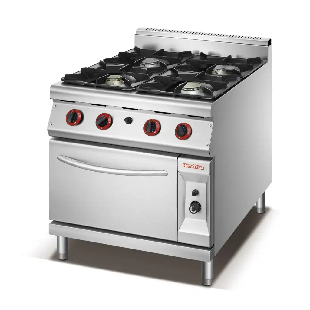 Commercial gas range with oven, four cast iron burners over a gas oven base