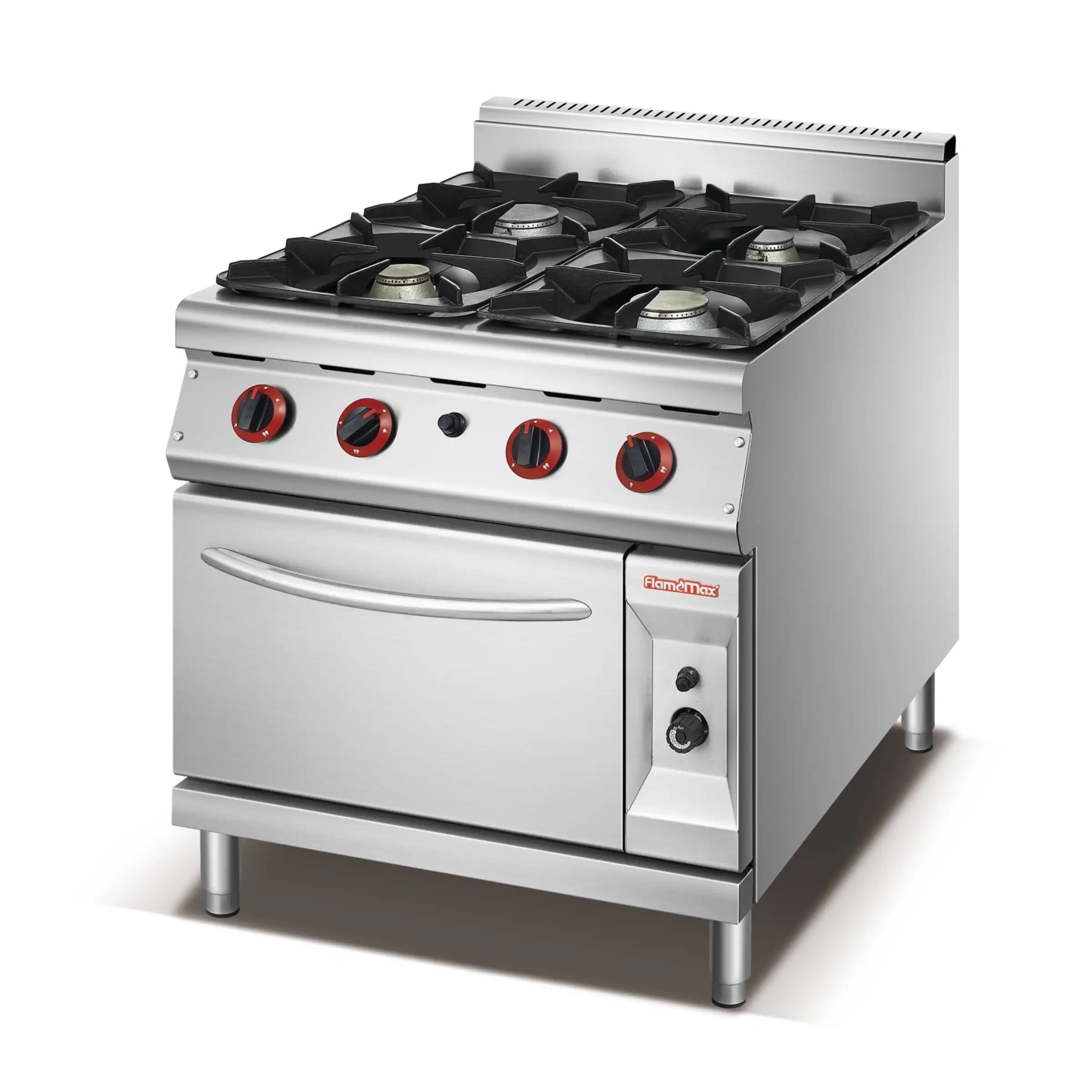 Commercial gas range with oven, four cast iron burners over a gas oven base