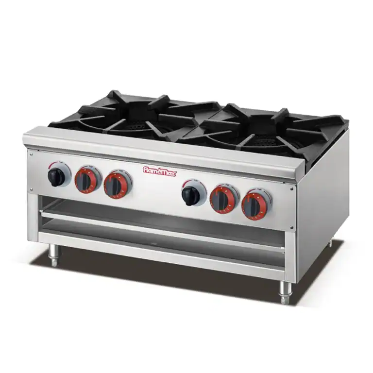 Heavy duty double burner commercial gas range with under shelf stand, from GLEAN