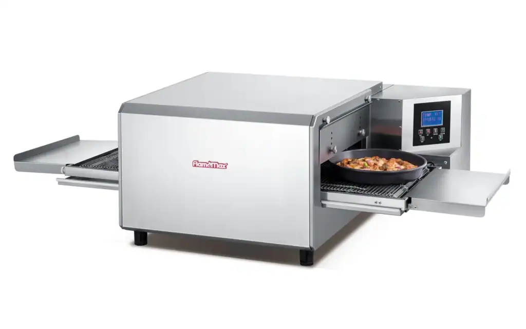 HEP-F digital impingement conveyor pizza oven with stainless steel housing, mesh conveyor belt and angled digital control panel