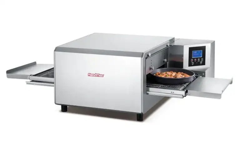 Hot air cycle conveyor pizza oven with LCD digital control panel and refined stainless steel housing, available in 12-inch and 18-inch sizes, HEP-F series from GLEAN Kitchen