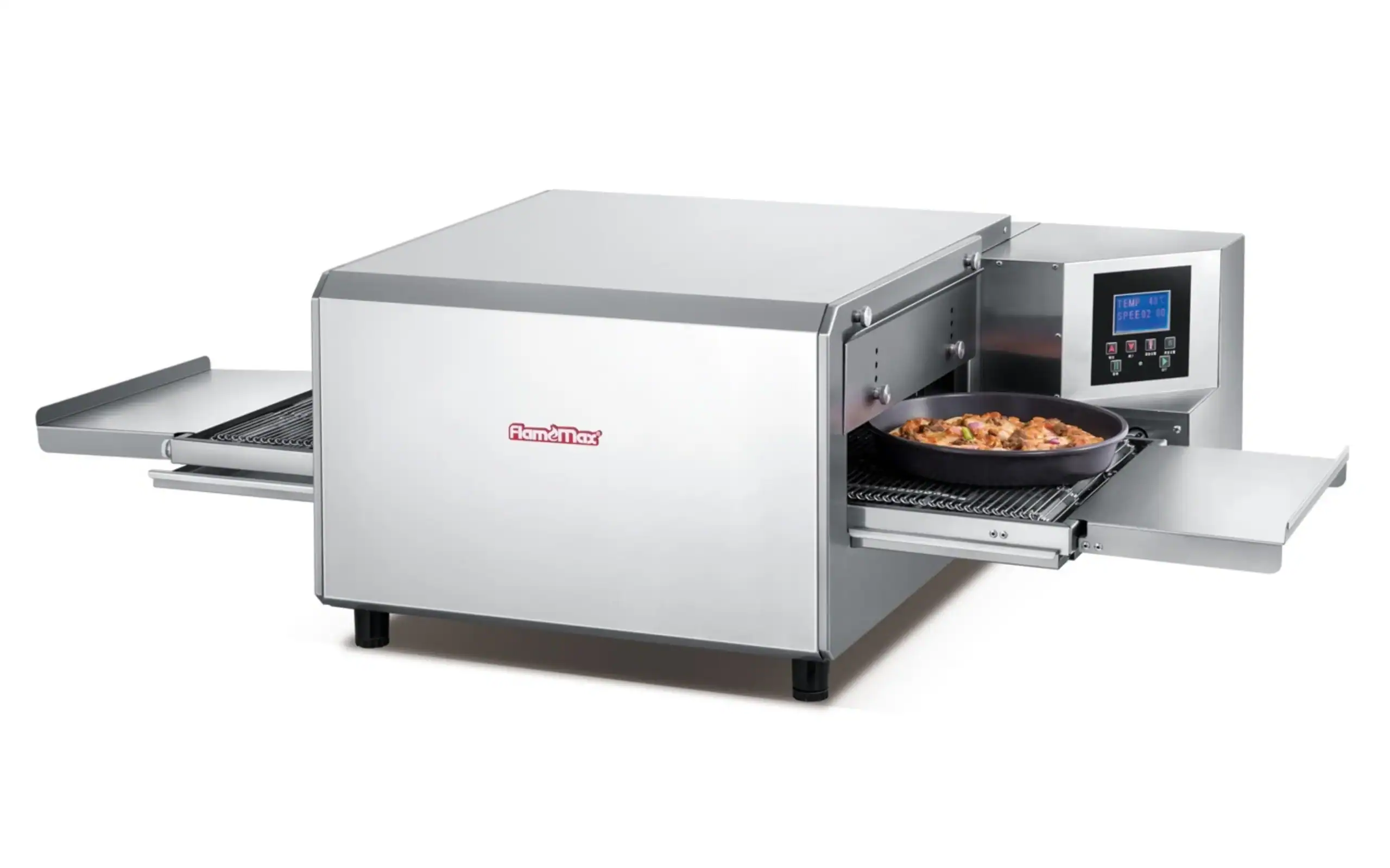 HEP-F digital impingement conveyor pizza oven with stainless steel housing, mesh conveyor belt and angled digital control panel