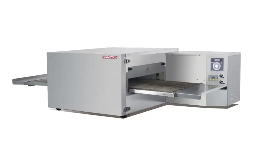 HPW Series manual impingement conveyor pizza oven with stainless steel housing, mesh conveyor belt, and mechanical control panel