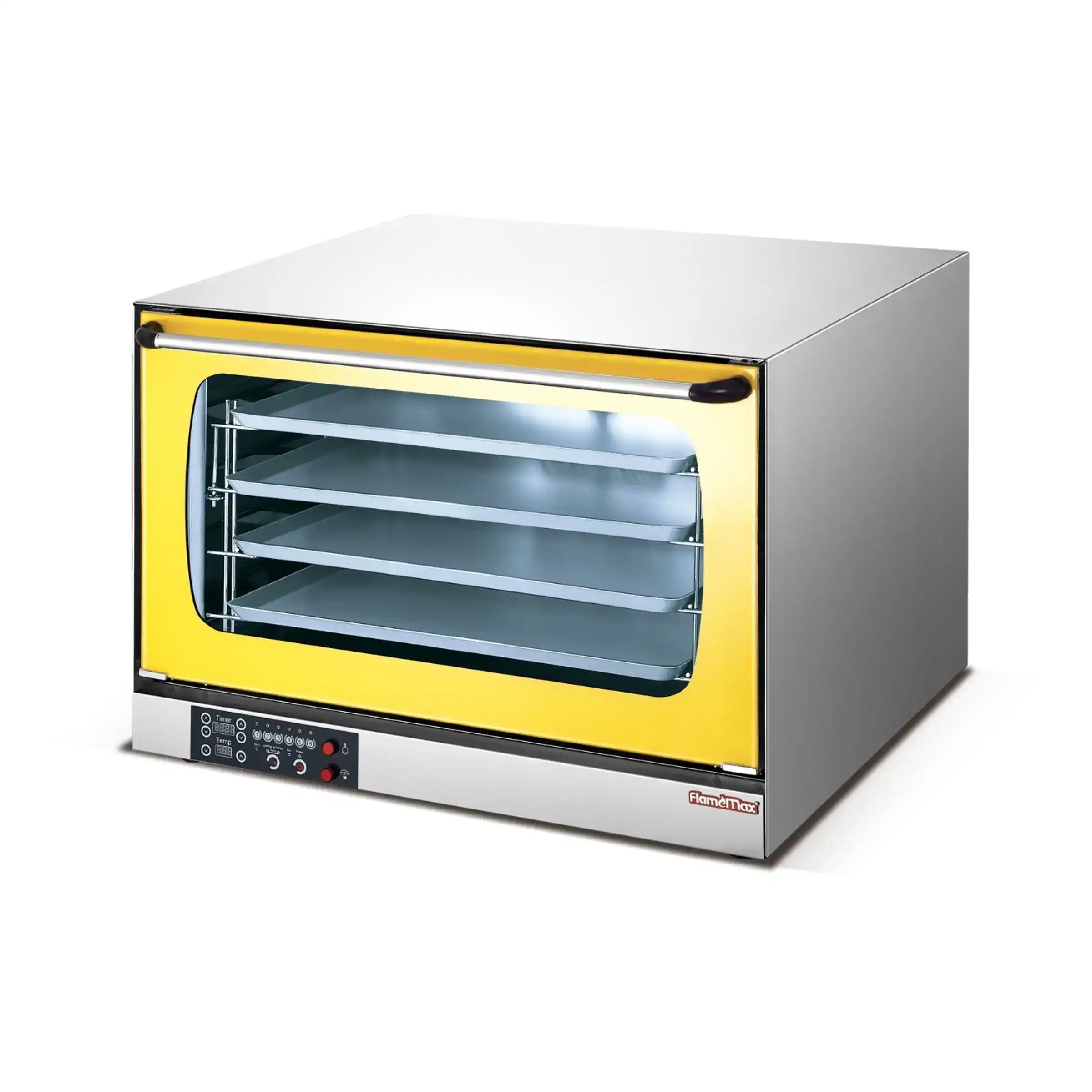 Standard 4-tray countertop convection oven in yellow finish, GLEAN HEO-8D-Y with programmable digital control panel, rear-mounted fan, and 600 × 403 mm trays