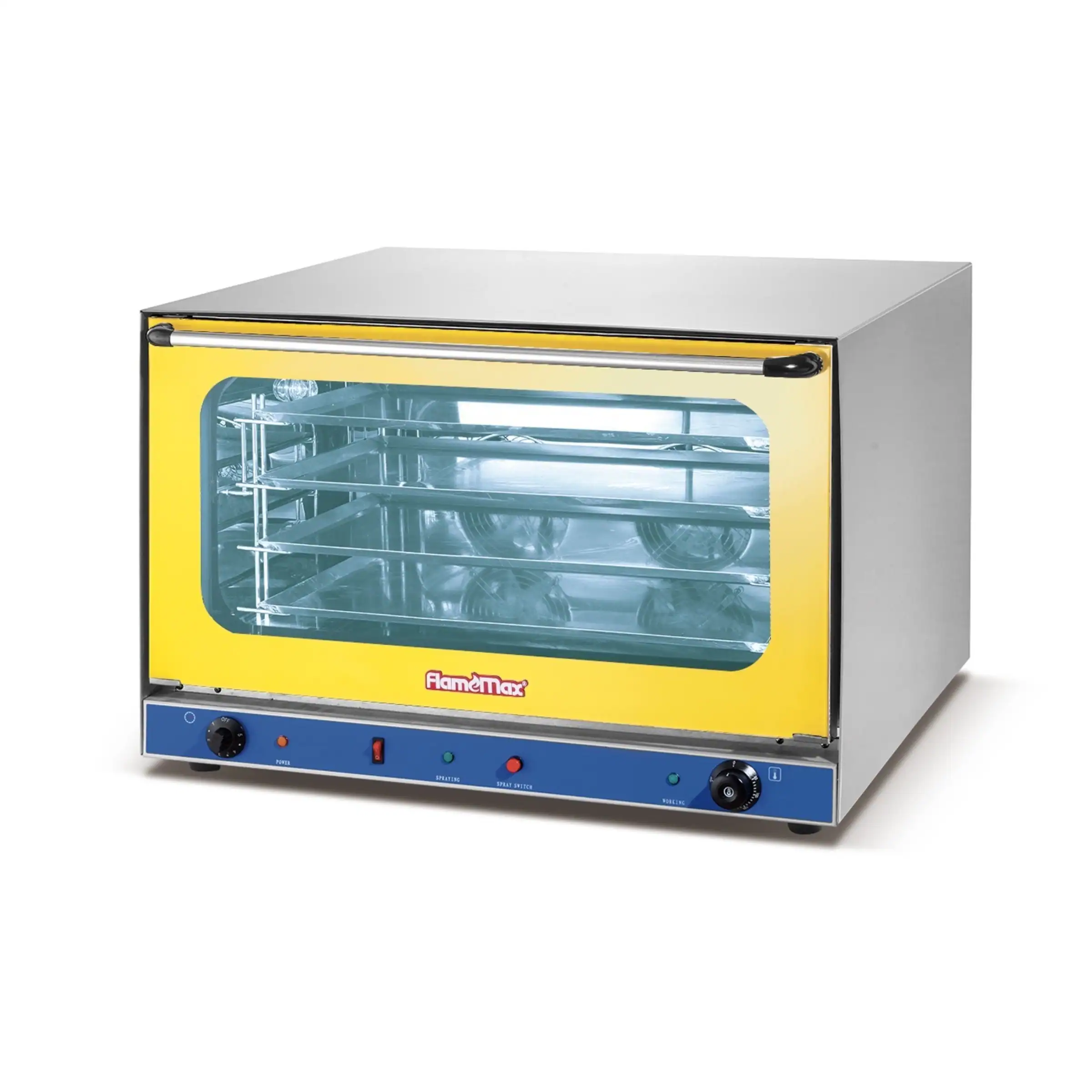 Standard 4-tray countertop convection oven in yellow finish, GLEAN HEO-8M-Y with manual control panel, rear-mounted fan, and 600 × 403 mm trays