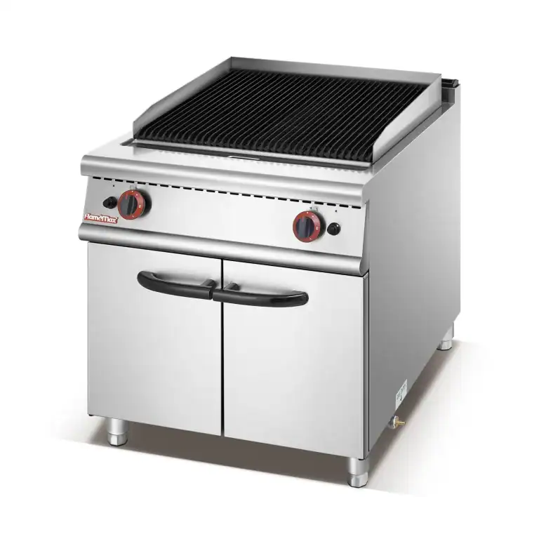 Commercial griddle with flat and grooved plate on a cabinet base