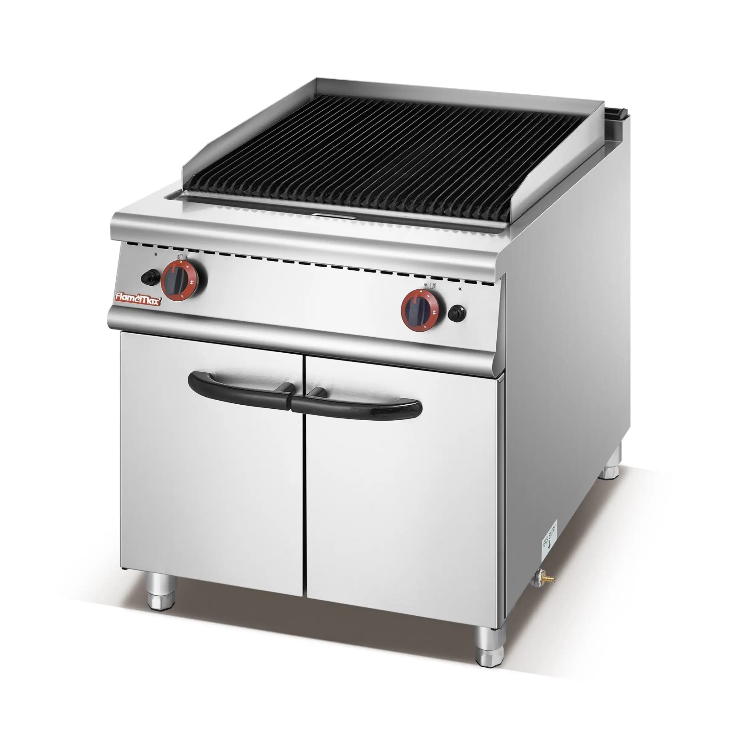 Commercial griddle with flat and grooved plate on a cabinet base