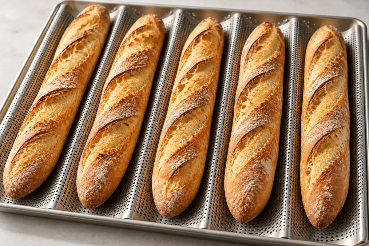 Five baguettes aligned on a perforated baguette baking tray