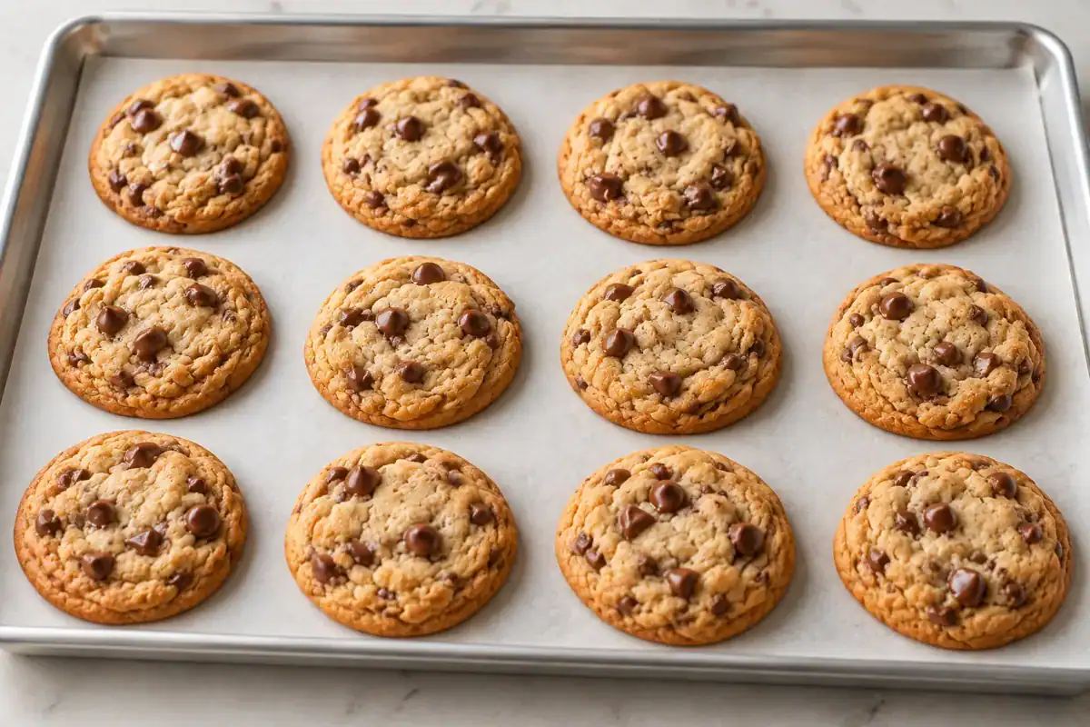 Chocolate-chip cookies spaced evenly in rows on a lined baking tray