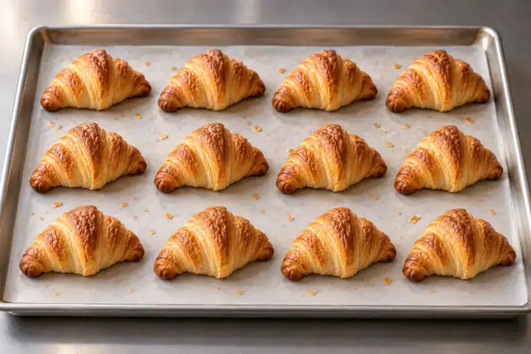 Twelve small golden croissants arranged in orderly rows on a metal baking tray