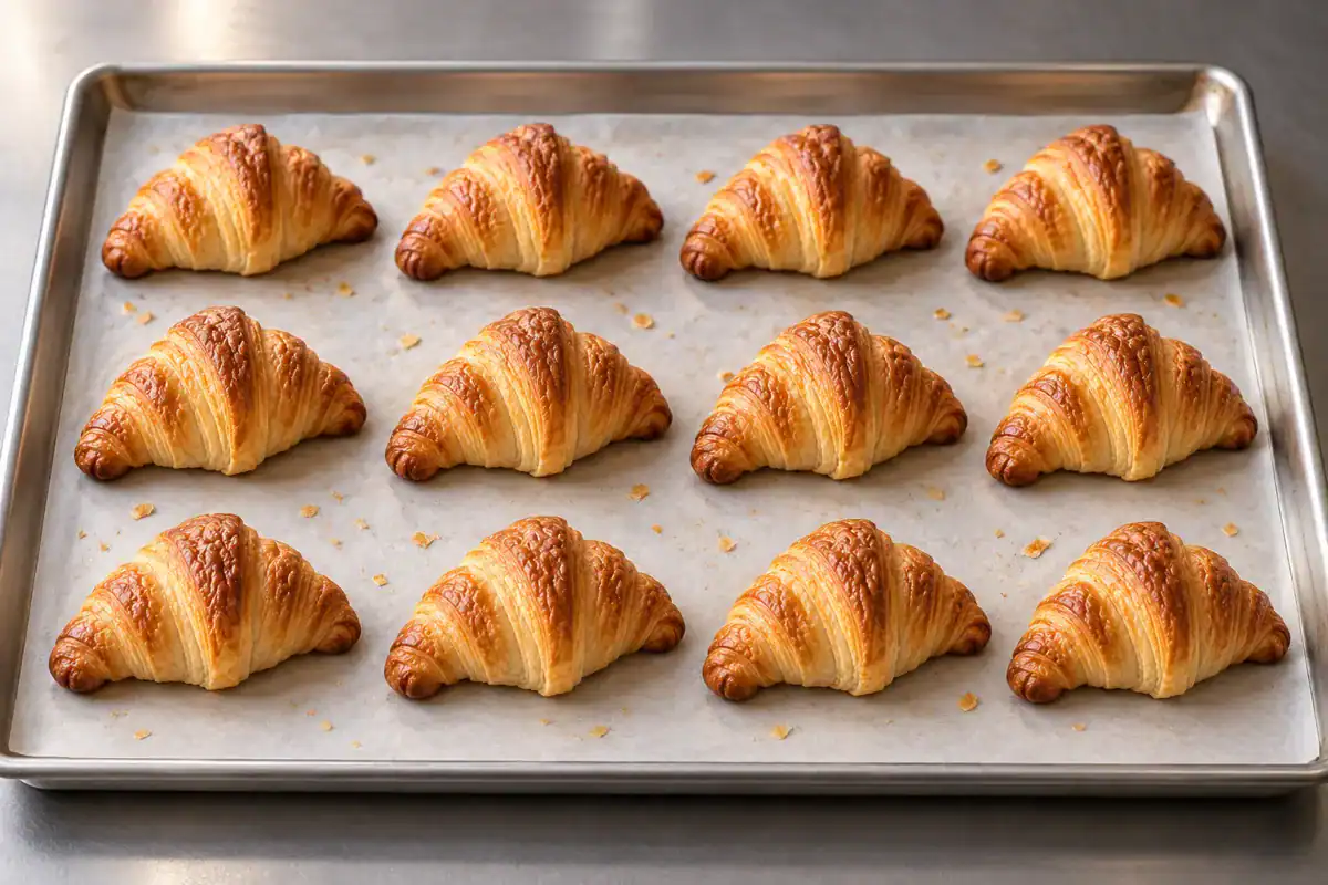 Golden croissants arranged in orderly rows on a metal baking tray
