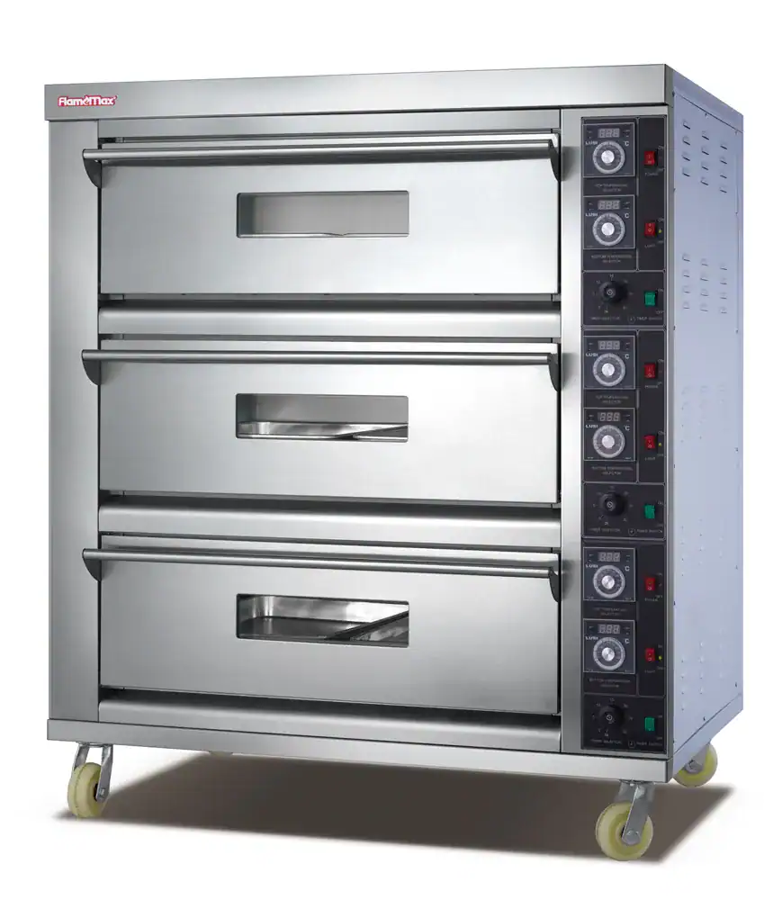 Deck oven vs convection oven comparison: electric deck oven with three separate baking chambers